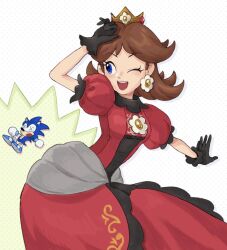  1boy 1girl alternate_color animal_nose black_gloves blue_eyes blue_fur blue_shoes body_fur breasts brown_hair crown dress earrings flipped_hair flower_brooch flower_earrings frilled_gloves frills furry furry_male gloves hand_up hedgehog_boy highres jewelry jors medium_hair one_eye_closed open_mouth parted_bangs princess princess_daisy puffy_short_sleeves puffy_sleeves red_dress short_sleeves short_tail small_breasts smile sonic_(series) sonic_the_hedgehog super_mario_bros. super_smash_bros. tail white_gloves x_x 