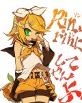  blush bow fruit itsukia kagamine_rin midriff orange sailor_collar seifuku short_hair shorts solo vocaloid 