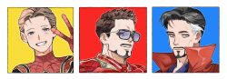  3boys animification armor avengers:_infinity_war avengers_(series) black-framed_eyewear black_hair blue-framed_eyewear blue_background blue_eyes blue_shirt bodysuit border brown_eyes brown_hair cloak closed_mouth commentary_request doctor_strange facial_hair glasses hand_up highres iron_man looking_at_viewer male_focus marvel marvel_cinematic_universe multicolored_hair multiple_boys peter_parker power_armor red_armor red_background red_bodysuit red_cloak shirt short_hair smile spider-man spider_web_print streaked_hair superhero_costume teeth tnk_1008 tony_stark upper_body v white_border white_hair yellow_background 