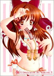  brown_eyes brown_hair cleavage hakurei_reimu long_hair mouth_hold shiratori_ichika touhou traditional_media 