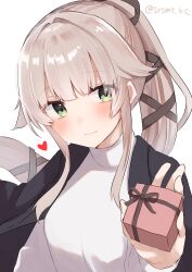  1girl black_jacket commentary gift green_eyes grey_hair hair_flaps hair_ribbon highres jacket jacket_on_shoulders kantai_collection long_hair looking_at_viewer official_alternate_costume one-hour_drawing_challenge ponytail ribbon shirasumato simple_background solo sweater upper_body very_long_hair white_background white_sweater yura_(kancolle) yura_(maizuru)_(kancolle) 