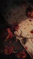  absurdres blood blood_stain cursive dark_background english_text flower from_above highres letter no_humans original red_flower red_petals red_rose rose scribble waffle_404 