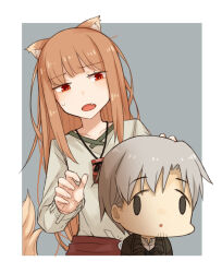  1boy 1girl animal_ears ayakura_juu brown_hair chibi craft_lawrence face_of_the_people_who_sank_all_their_money_into_the_fx_(meme) fang grey_eyes grey_hair holo meme open_mouth red_eyes spice_and_wolf sweatdrop tail upper_body wolf_ears wolf_girl wolf_tail 