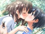  beetle black_hair brown_eyes brown_hair bug closed_eyes game_cg highres insect itou_hinako kantoku kiss natsu_no_ame school_uniform surprised wallpaper 