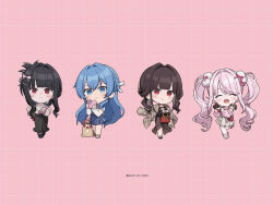  4girls alice_(nikke) bag black_hair blue_eyes blue_hair blunt_bangs blush box braid brown_hair chibi chocolate closed_eyes copyright_name d_(nikke) dress frills gift gift_box goddess_of_victory:_nikke grid_background hair_intakes hair_ornament handbag helm_(nikke) jacket leg_up long_hair multiple_girls official_alternate_costume official_art pink_background pink_hair pleated_skirt red_eyes sakura_(nikke) sidelocks skirt standing totatokeke twintails valentine 