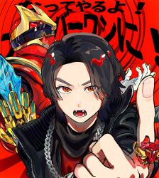  1boy absurdres armor black_hair bodysuit brown_hair commentary_request fangs gozyuwolf helmet highres kaede_1402 no.1_sentai_gozyuger red_armor red_background red_bodysuit red_helmet sentai_ring short_hair simple_background super_sentai tega_sword tono_hoeru translation_request 