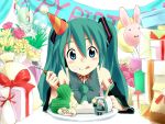  :q balloon birthday blue_eyes cake detached_sleeves flower food food_on_face fork gift hachune_miku hatsune_miku necktie pastry pennel spring_onion tongue twintails vocaloid 