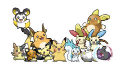  :&gt; :3 :d alolan_raichu animal_focus arms_up aura_wheel_(pokemon) blacknirrow blue_eyes closed_mouth dedenne dot_nose emolga floating flying highres holding_own_tail minun minus_sign mixed-language_commentary morpeko morpeko_(full) morpeko_(hangry) no_humans open_mouth pachirisu pichu pikachu plus_sign plusle pokemon pokemon_(creature) pokemon_move raichu red_eyes simple_background smile standing standing_on_one_leg tail teeth trait_connection upper_teeth_only waving white_background 