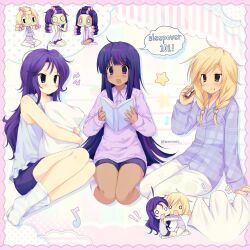  2000s_(style) applejack blonde_hair blush braid dark-skinned_female dark_skin eating highres jelly_(bonnybel) long_hair musical_note my_little_pony my_little_pony:_friendship_is_magic pajamas pants pillow purple_hair rarity_(my_little_pony) s'more sitting socks tank_top twilight_sparkle twin_braids 
