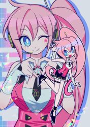  1girl absurdres bare_shoulders black_necktie black_sandals black_skirt blue_eyes breasts bright_pupils buttons chibi chibi_inset closed_mouth detached_collar facial_mark frilled_skirt frills gloves hand_up headphones heart heart_hands highres jacket lau_(laustar30) long_hair looking_to_the_side medium_breasts necktie one_eye_closed open_mouth outline partially_open_jacket pink_jacket ponytail shirt skirt sleeveless sleeveless_jacket smile star_(symbol) star_facial_mark thigh_strap uni_(vocaloid) vocaloid white_gloves white_outline white_pupils white_shirt 