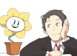 2boys adachi_tooru black_hair black_jacket collared_shirt crossover flower flower_pot flowey_(undertale) grey_eyes hand_on_own_cheek hand_on_own_face head_rest inkerton-kun jacket male_focus multiple_boys necktie open_mouth persona persona_4 plant plant_monster potted_plant red_necktie shirt short_hair smile teeth undertale upper_teeth_only white_background white_shirt yellow_flower |_|