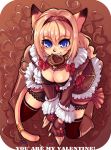 animal_ears blue_eyes blush breasts brown brown_background cat_ears chocolate chocolate_heart final_fantasy final_fantasy_xi fingerless_gloves gloves hairband hazuki_gean heart lace mithra mouth_hold orange_hair skirt solo tail thigh_highs thighhighs valentine 