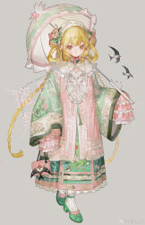  1girl chinese_clothes dress frills full_body hanfu happybiirthd hat highres mamianqun original simple_background solo umbrella watermark 