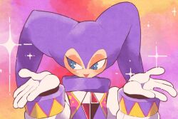  1other androgynous blue_eyes gem gloves half-closed_eyes hands_up hat high_collar inkerton-kun jester jester_cap long_sleeves looking_to_the_side nights_(character) nights_into_dreams open_mouth other_focus puffy_long_sleeves puffy_sleeves purple_hat red_gemstone smile sparkle white_gloves 