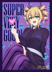  1girl absurdres artist_name blonde_hair border breasts commentary crossed_legs digimon digimon_card_game digimon_liberator dress drill_hair english_commentary ghostmon gothic_lolita green_eyes hachiune heart highres large_breasts lolita_fashion long_hair multicolored_hair purple_background purple_border purple_dress purple_hair purple_theme purple_thighhighs sitting solo solo_focus thigh-highs twin_drills two-tone_hair violet_inboots 