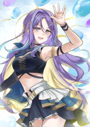  1girl arm_up arm_warmers black_arm_warmers black_choker blonde_hair blue_hair bracelet breasts choker colored_inner_hair crop_top facial_tattoo gold_armlet gradient_hair hair_ornament half_capelet highres hololive hololive_indonesia jewelry long_hair looking_at_viewer moona_hoshinova moona_hoshinova_(work) multicolored_hair official_alternate_costume open_mouth purple_hair saikako single_arm_warmer skirt tattoo too_many_balloons violet_eyes virtual_youtuber 