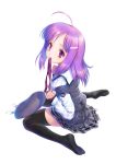  ahoge blush feet goto_p highres long_hair miniskirt mouth_hold purple_eyes purple_hair school_uniform seifuku skirt thigh_highs thighhighs undressing uniform zettai_ryouiki 