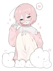  1girl absurdres ahoge animal_slippers bunny_slippers camisole full_body glasses hair_between_eyes hair_ornament hairclip heart highres hood hoodie light_smile looking_at_viewer myomuron off_shoulder original pants parted_lips pink_eyes pink_hair pink_hoodie rabbit_hair_ornament short_hair simple_background sleeves_past_wrists slippers solo spoken_heart squatting stuffed_animal stuffed_rabbit stuffed_toy v white_background white_camisole yellow_pants 