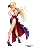  1girl backless_dress backless_outfit bare_back bare_shoulders belt blonde_hair blue_eyes blush bonne_jenet bracelet breasts china_dress chinese_clothes closed_mouth collar curvy dress fatal_fury female fingerless_gloves full_body gloves high_heels jewelry king_of_fighters large_breasts leg_band legs long_hair long_legs mark_of_the_wolves no_bra no_socks ryu_(artist) shoes side_slit sideboob simple_background snk solo standing thighs white_background 