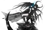  archlich black_bikini black_dress black_hair black_rock_shooter black_rock_shooter_(character) blue_eyes chain dead_master death dress fire flame glowing glowing_eyes highres horns long_hair multiple_girls scythe sword twintails very_long_hair weapon white 