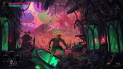  1boy adeptus_astartes armor bald broken_glass cable candle clenched_hand dark_souls_(series) display electrodes english_commentary fake_screenshot flask fleur-de-lis full_body glass heads-up_display health_bar highres holding holding_sword holding_weapon imperial_aquila industrial_pipe liquid marton_kapoli planet planted planted_sword power_armor purity_seal ruins science_fiction shorts skeleton skull_ornament spacecraft stasis_tank sword topless_male user_interface vat warhammer_40k weapon 