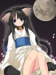  animal_ears bell black_hair blue_eyes cat_ears cat_tail collar full_moon gloves japanese_clothes jingle_bell jpeg_artifacts kimono long_hair looking_at_viewer moon nekomimi paw_gloves petals solo tail toono_akiha tsukihime whiskers 