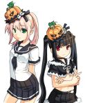  black_hair flat_chest green_eyes halloween hana hat kooh loli long_hair midriff multiple_girls necktie official_art pangya pink_hair pleated_skirt ponytail red_eyes school_uniform seed_(artist) seifuku short_hair skirt twintails uniform 