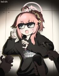  1girl absurdres ahoge black_hoodie blue_archive blush bocchi_the_rock! cosplay gotoh_hitori gotoh_hitori_(cosplay) hair_between_eyes hair_ornament hair_scrunchie highres holding holding_microphone holding_sex_toy holding_stick hood hoodie long_hair looking_at_viewer microphone natsu_(blue_archive) open_mouth pink_hair ponytail scrunchie sex_toy sidelocks stick sunglasses v yellow_scrunchie zheng_kai_xin 