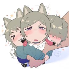  >_< aged_down animal_ears blush brown_hair cerberus collar conjoined dog_ears dog_girl dog_tail droopy_ears grabbing_another's_arm hair_over_eyes heart highres maikamiaka multiple_girls multiple_heads open_mouth original sharp_teeth short_tail tail tail_wagging teeth tongue tongue_out white_background 