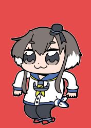  1girl :3 bkub black_pantyhose blue_sailor_collar chibi chibi_only closed_mouth double-parted_bangs dress full_body grey_eyes grey_hair hair_between_eyes highres kantai_collection long_sleeves multicolored_hair neckerchief outline pantyhose red_background sailor_collar sailor_dress short_hair_with_long_locks simple_background smile solo tied_dress tokitsukaze_(kancolle) two-tone_hair white_hair white_outline yellow_neckerchief 