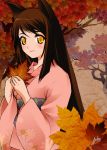  amber_eyes blush brown_hair cat_ears japanese_clothes kimono leaf long_hair nekomimi orange_eyes original patipat_asavasena smile 