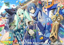  1boy 1girl accelgor blue_eyes blue_hair celesteela closed_mouth corviknight empoleon hat hatsune_miku holding honedge japanese_clothes kaito_(vocaloid) kartana kimono long_hair multicolored_hair official_art pokemon pokemon_(creature) poltchageist project_voltage sandogasa scarf short_hair sinaooo sinistcha skarmory smile star_(symbol) steel_miku_(project_voltage) tanzaku twintails varoom very_long_hair vocaloid 