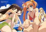  absurdres anya_cocolova bell bikini blonde_hair blue_eyes breasts brown_hair cleavage closed_eyes cloud front-tie_top glomp hair_ornament highres hug jitsuhara_noboru kagurazaka_asuna konoe_konoka long_hair mahou_sensei_negima mahou_sensei_negima! megami multiple_girls nekane_springfield ocean official_art open_mouth orange_hair sakurazaki_setsuna short_hair sky string_bikini swimsuit twintails very_long_hair water 