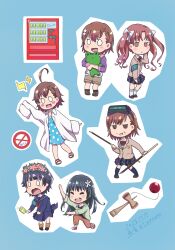  0_0 absurdres ahoge amaoto_(lasterator) armband blazer blue_background dress gekota head-mounted_display head_wreath highres jacket kendama last_order_(toaru_majutsu_no_index) misaka_imouto misaka_mikoto pleated_dress polearm polka_dot polka_dot_dress sakugawa_school_uniform saten_ruiko school_uniform serafuku shirai_kuroko sign simple_background skirt skirt_flip spear stuffed_animal stuffed_frog stuffed_toy toaru_kagaku_no_railgun toaru_majutsu_no_index tokiwadai_school_uniform uiharu_kazari vending_machine weapon 