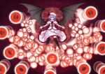  bat_wings danmaku dress fangs hat highres lavender_hair magic_circle open_mouth outstretched_arms red_eyes remilia_scarlet short_hair spread_arms thigh-highs thighhighs touhou utakata_(0824) vampire wings wrist_cuffs zettai_ryouiki 