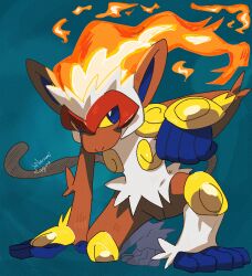 absurdres arm_support blue_background blue_eyes colored_sclera fiery_hair full_body highres infernape looking_at_viewer narumi_hyou no_humans nostrils on_one_knee pokemon pokemon_(creature) signature simple_background solo yellow_sclera 