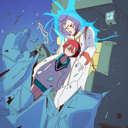  1boy 1girl amate_yuzuriha aqua_eyes aqua_shirt aqua_skirt bluearcadegames closed_mouth crushed gloves gundam gundam_gquuuuuux long_sleeves looking_at_viewer mecha military military_uniform necktie open_mouth paptimus_scirocco pilot_chair purple_hair red_hair robot scene_reference school_uniform science_fiction shirt short_hair skirt sweater titans_(gundam) waverider_crash zeta_gundam 