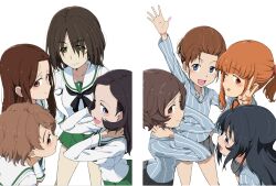  6+girls black_hair blue_eyes blush breasts brown_eyes brown_hair character_request closed_mouth girls_und_panzer green_eyes highres kayabakoro keizoku_school_uniform long_hair looking_at_viewer multiple_girls one_eye_closed ooarai_school_uniform open_mouth orange_hair ponytail reino_(girls_und_panzer) school_uniform short_hair simple_background small_breasts smile tami_(girls_und_panzer) tongue tongue_out v white_background 