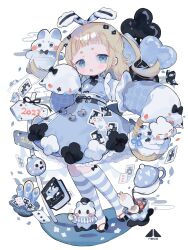  1girl 2023 absurdres alice_(alice_in_wonderland) alice_in_wonderland basket black_bow black_bowtie black_flower black_sandals blonde_hair blue_dress blue_eyes blue_thighhighs blush_stickers book bow bowtie card commentary_request cotono_(nazekun) cup direction_board dress english_commentary fang flower full_body grey_flower hair_bow hair_flower hair_ornament heart-shaped_bell highres holding holding_basket kadomatsu kimono_dress long_hair long_sleeves mixed-language_commentary obi open_mouth original petticoat playing_card rabbit sandals sash short_eyebrows sleeves_past_fingers sleeves_past_wrists striped_clothes striped_thighhighs teacup teapot thigh-highs two_side_up white_bow white_rabbit_(alice_in_wonderland) white_rabbit_(animal) 