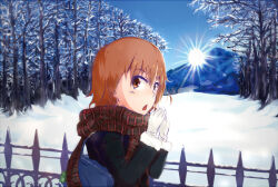  1girl bag black_coat blue_sky breathing_on_hands brown_eyes brown_hair brown_scarf clear_sky coat commentary day forest from_side fur-trimmed_coat fur-trimmed_sleeves fur_trim gekota gloves hair_between_eyes hands_up light_blush long_sleeves looking_at_viewer medium_hair misaka_mikoto mountain nature open_mouth outdoors plaid_clothes plaid_scarf railing scarf sky snow solo sun sunburst toaru_majutsu_no_index tomato_(lsj44867) toy tree upper_body white_gloves winter 