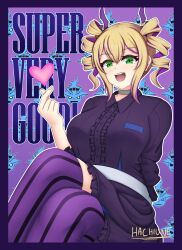  1girl artist_name blonde_hair border breasts crossed_legs digimon digimon_card_game digimon_liberator dress drill_hair english_commentary ghostmon green_eyes hachiune heart highres large_breasts long_hair multicolored_hair purple_background purple_border purple_dress purple_hair purple_theme purple_thighhighs sitting solo solo_focus thigh-highs twin_drills two-tone_hair violet_inboots 