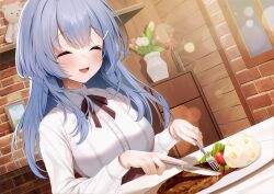  1girl :d absurdres blue_hair blush breasts brick_wall cherry_tomato closed_eyes collared_shirt dutch_angle flower fork haiba_09 hair_between_eyes hair_ornament hairclip hamburger_steak highres holding holding_fork holding_knife knife large_breasts lettuce long_hair long_sleeves mashed_potatoes open_mouth original picture_frame plate shirt sidelocks sitting smile solo stuffed_animal stuffed_toy table tablecloth teddy_bear tomato tulip vase white_shirt 