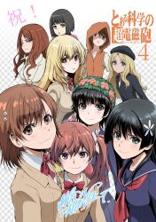  6+girls announcement_celebration beret black_hair black_hat blazer blonde_hair blue_eyes blue_sailor_collar blue_skirt bob_cut brown_eyes brown_hair brown_jacket collared_shirt commentary_request flower frenda_seivelun hair_flower hair_ornament hairpin hat head_wreath highres hood hood_up item_(toaru) jacket kinuhata_saiai long_hair long_sleeves looking_at_viewer mac-v medium_hair misaka_mikoto mugino_shizuri multiple_girls neckerchief pleated_skirt red_neckerchief sailor_collar sakugawa_school_uniform saten_ruiko school_uniform serafuku shirt shokuhou_misaki short_hair signature skirt smile sparkling_eyes takitsubo_rikou toaru_anbu_no_item toaru_kagaku_no_railgun toaru_majutsu_no_index tokiwadai_school_uniform uiharu_kazari white_shirt winter_uniform 