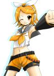  blush kagamine_rin midriff pochi_(pochi-goya) sailor_collar seifuku short_hair shorts vocaloid wink 