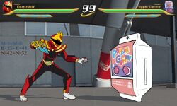  1boy absurdres arm_blade armor black_bodysuit blurry blurry_background bodysuit company_connection crossover emeruga fighting_game fighting_stance fingernails gochizo gozyuwolf health_bar helmet highres kamen_rider kamen_rider_gavv_(series) long_fingernails no.1_sentai_gozyuger red_armor red_bodysuit red_helmet screenshot_background screenshot_inset super_sentai tega_sword tokusatsu weapon 