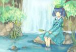  bag blue_eyes blue_hair blush hair_bobbles hair_ornament hat kawashiro_nitori key qinny touhou water waterfall 