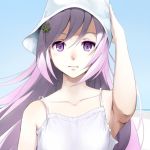  1girl aoten armpits bust collarbone face flower hair_ornament hand_on_hat hat lips long_hair looking_at_viewer pink_hair purple_eyes purple_hair solo violet_eyes wind 