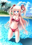  beach bikini blonde_hair blue_eyes highres kneeling long_hair original skyt2 solo submerged swimsuit twintails v 