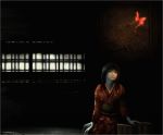  black_hair butterfly crimson_butterfly fatal_frame fatal_frame_ii ghost japanese_clothes kimono long_hair night sitting solo tachibana_chitose 
