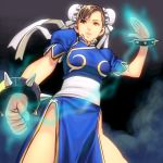 1girl bad_id bracelet brown_eyes brown_hair bun_cover china_dress chinese_clothes chun-li double_bun feet_out_of_frame female jewelry masao no_legwear sash solo spiked_bracelet spikes street_fighter